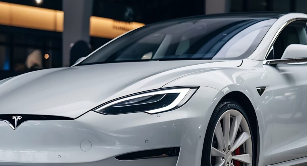 All'interno è esposta un'elegante Tesla Model S bianca, messa in risalto da pavimenti lucidi e illuminazione moderna.