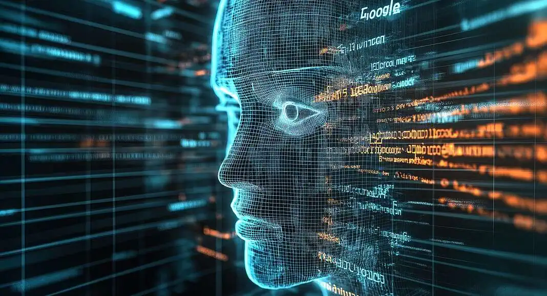 Volto digitale wireframe con codice e flussi di dati incandescenti, che cattura lo spirito di codifica di Vibe e simboleggia l'intelligenza artificiale e la tecnologia.