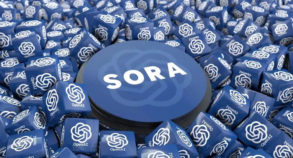 Molti cubi blu con il logo OpenAI circondano un disco rotondo centrale con la scritta 