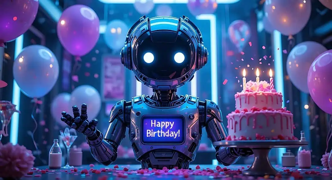 Un robot a una festa di compleanno tiene in mano una torta con le candeline; il suo schermo visualizza 