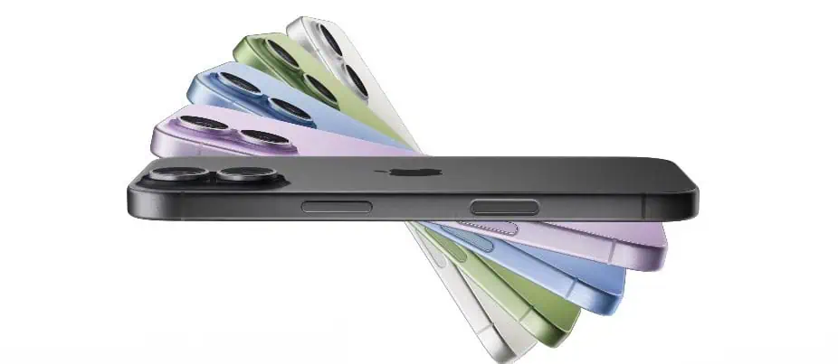 Un iPhone nero con lenti della fotocamera è al centro della scena, con altri cinque iPhone colorati disposti dietro di lui.