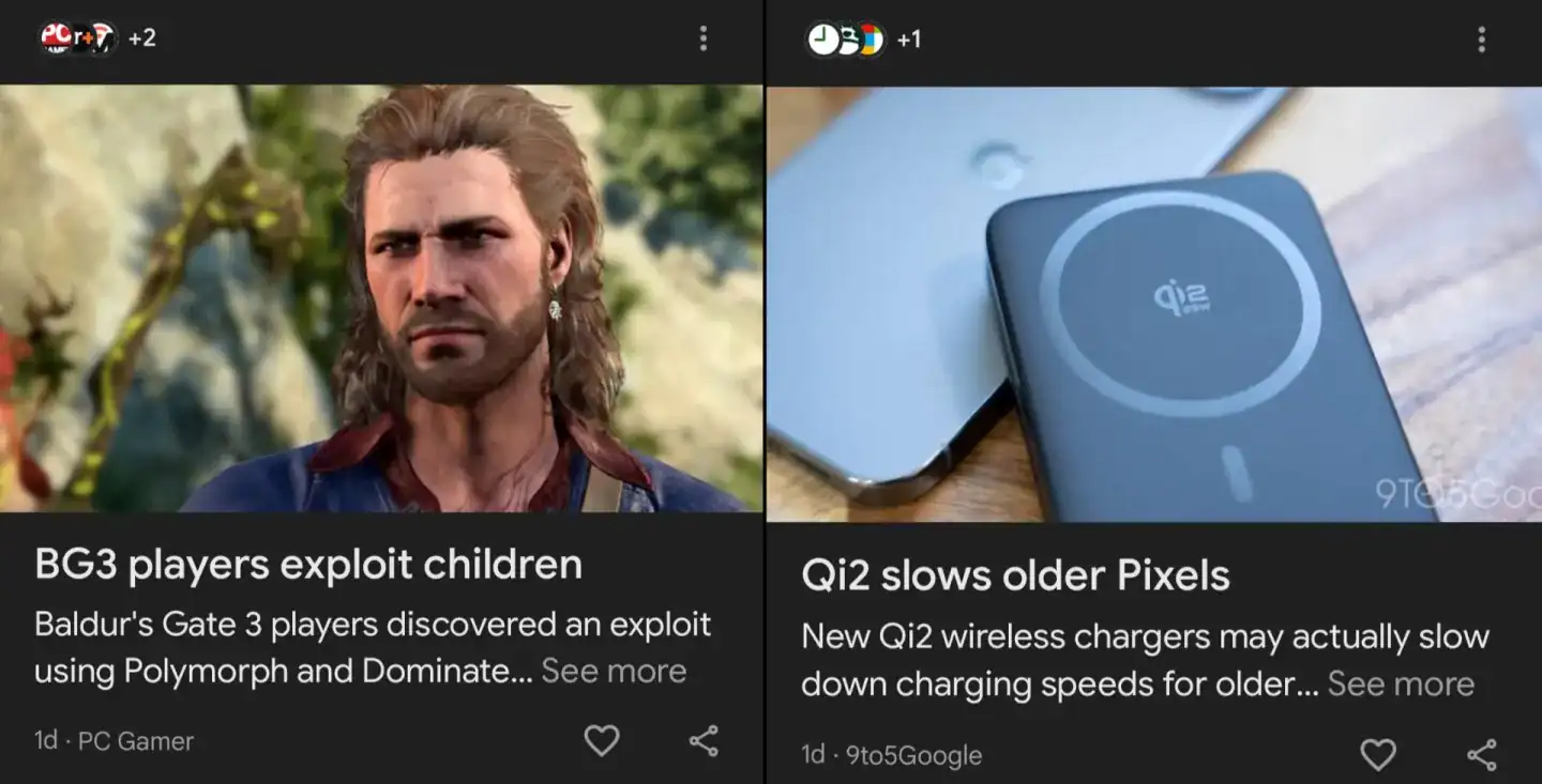 Schermo diviso: A sinistra il personaggio barbuto del gioco; a destra il caricabatterie wireless Qi2 sopra un telefono Google Pixel, per evidenziare come innovazioni tecnologiche come queste possano incrementare i tuoi risultati su Google Discover.