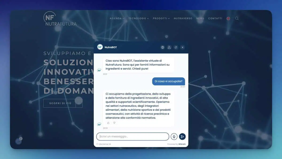 Su un sito web con uno sfondo blu in stile tecnologico e il marchio Nutrafutura compare una finestra del chatbot, che integra perfettamente IKIbrain per migliorare l'esperienza utente sui siti web aziendali.