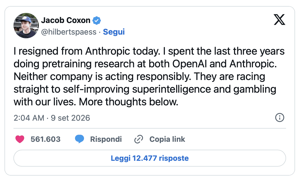 Tweet di Jacob Coxon in cui dichiara di essersi dimesso da Anthropic a causa delle preoccupazioni relative al comportamento irresponsabile delle aziende che operano nel settore dell’intelligenza artificiale, avvertendo che i progressi incontrollati in questo campo potrebbero persino comportare il rischio di “sterminare l’umanità”.